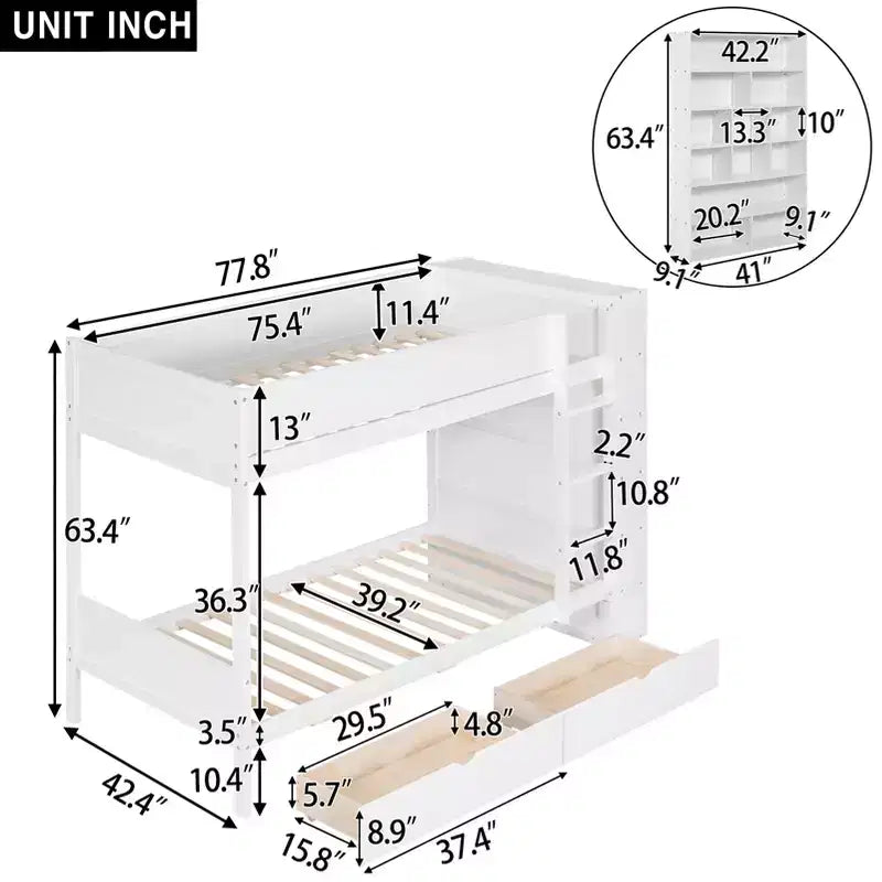 Lit superposé, cadre de lit superposé en bois avec 2 tiroirs et armoire multicouche pour enfants, adolescents et adultes