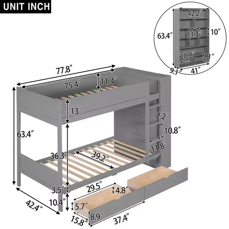 Lit superposé, cadre de lit superposé en bois avec 2 tiroirs et armoire multicouche pour enfants, adolescents et adultes