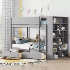 Bunk Bed, Wood Bunk Bed Frame with 2 Drawers and Multi-Layer Cabinet for Kids Teens Adults
