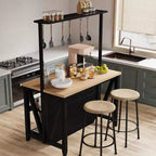 Îlot de cuisine en bois avec prise de courant et lumières LED, étagère de boulanger avec rangement, noir