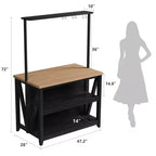Îlot de cuisine en bois avec prise de courant et lumières LED, étagère de boulanger avec rangement, noir