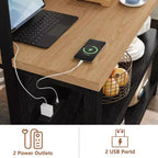 Îlot de cuisine en bois avec prise de courant et lumières LED, étagère de boulanger avec rangement, noir
