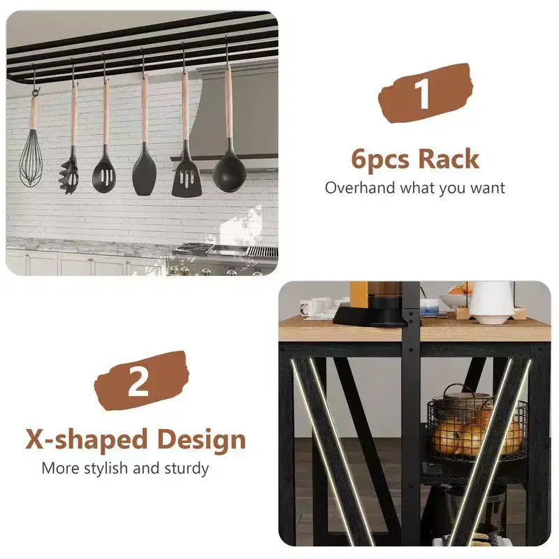 Îlot de cuisine en bois avec prise de courant et lumières LED, étagère de boulanger avec rangement, noir