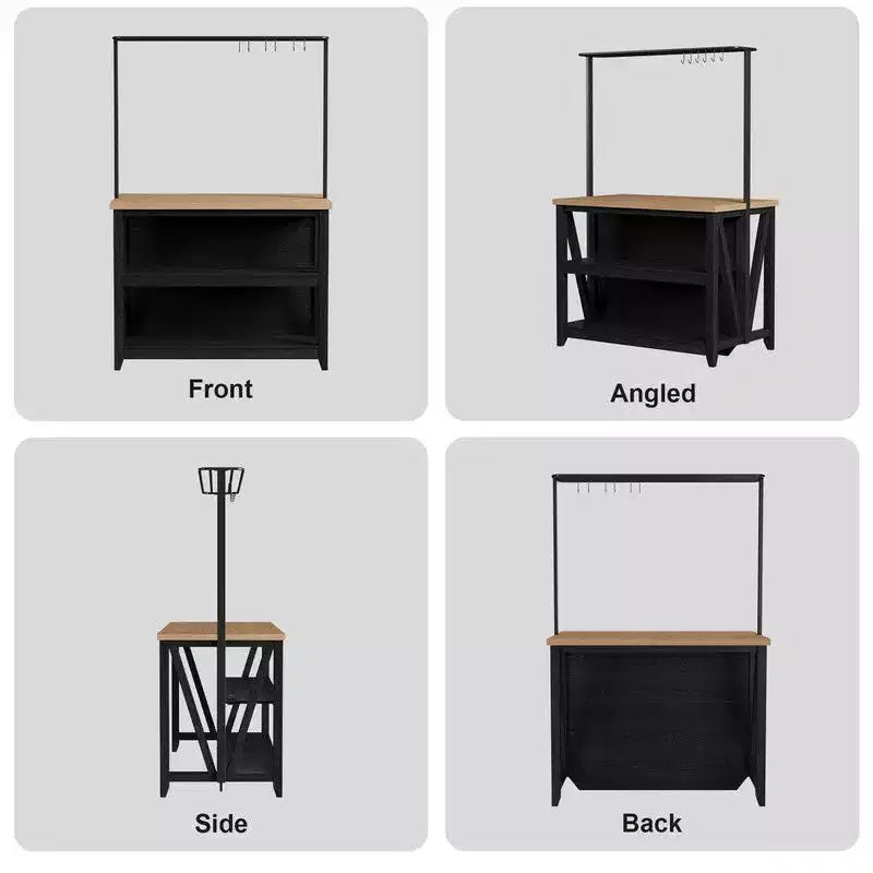 Îlot de cuisine en bois avec prise de courant et lumières LED, étagère de boulanger avec rangement, noir