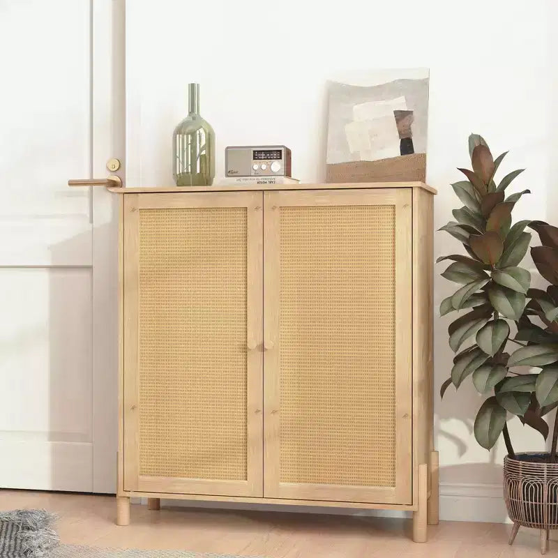 Bahut-buffet avec portes en rotin et étagères réglables, Meuble de rangement de cuisine, Meuble d'appoint, Table console pour entrée et salle à manger