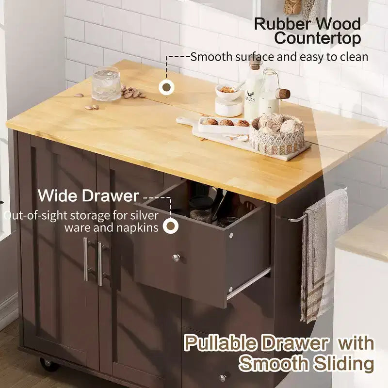 39,8 W Chariot d'îlot de cuisine roulant, Armoire utilitaire mobile avec 3 tiroirs, 2 portes, porte-serviettes pour salle à manger
