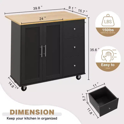 39,8 W Chariot d'îlot de cuisine roulant, Armoire utilitaire mobile avec 3 tiroirs, 2 portes, porte-serviettes pour salle à manger