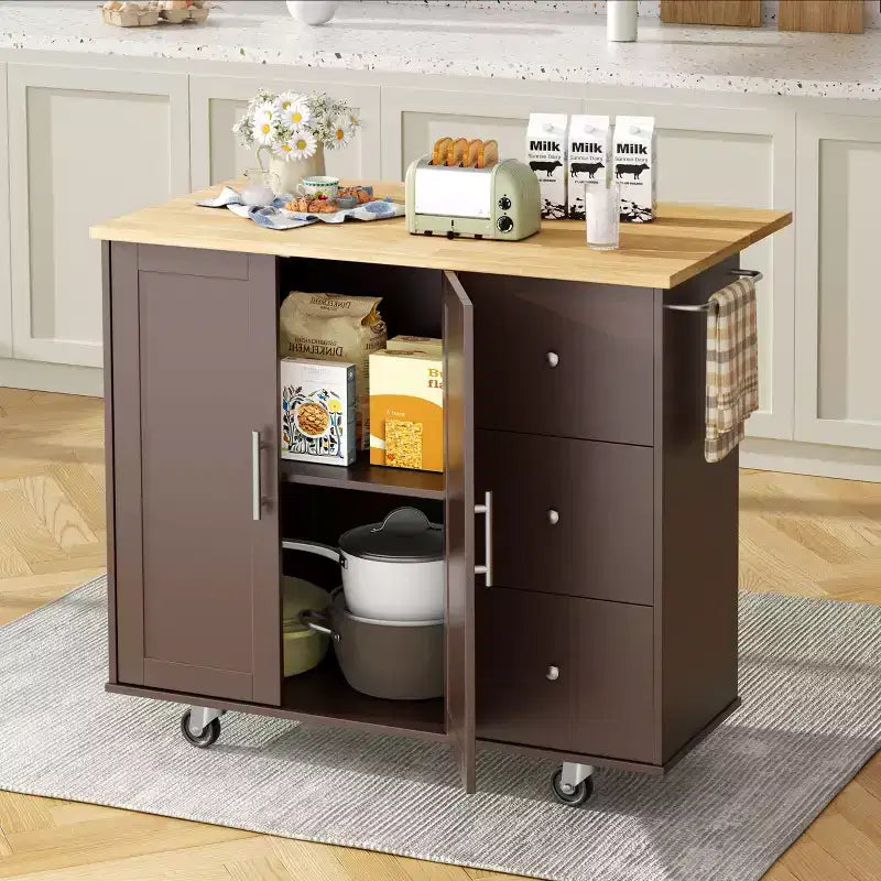 39,8 W Chariot d'îlot de cuisine roulant, Armoire utilitaire mobile avec 3 tiroirs, 2 portes, porte-serviettes pour salle à manger
