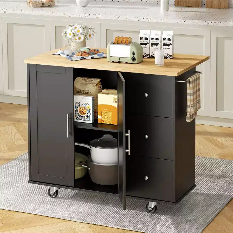 39,8 W Chariot d'îlot de cuisine roulant, Armoire utilitaire mobile avec 3 tiroirs, 2 portes, porte-serviettes pour salle à manger