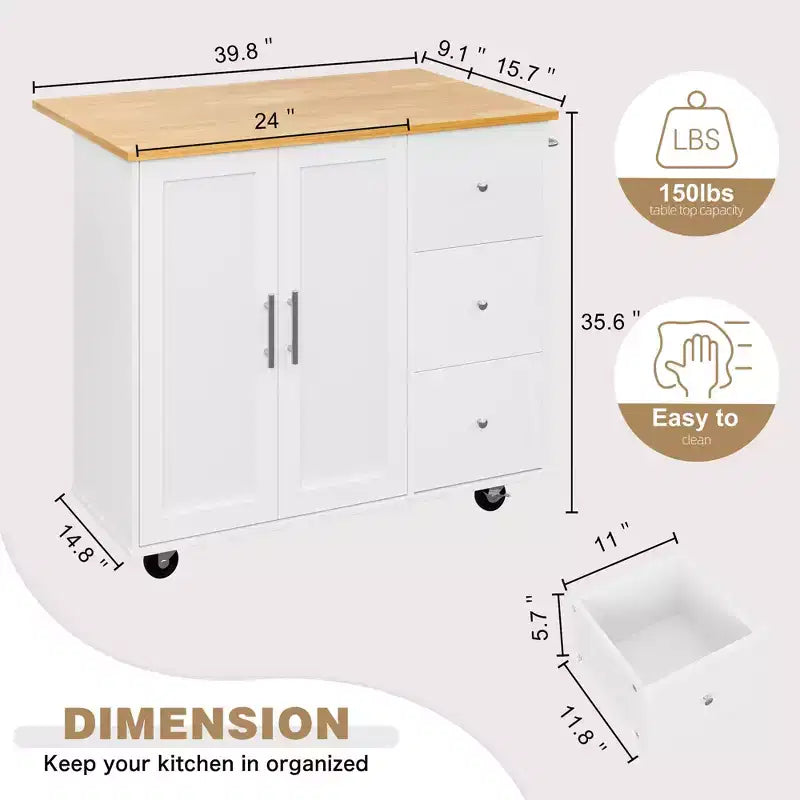 39,8 W Chariot d'îlot de cuisine roulant, Armoire utilitaire mobile avec 3 tiroirs, 2 portes, porte-serviettes pour salle à manger