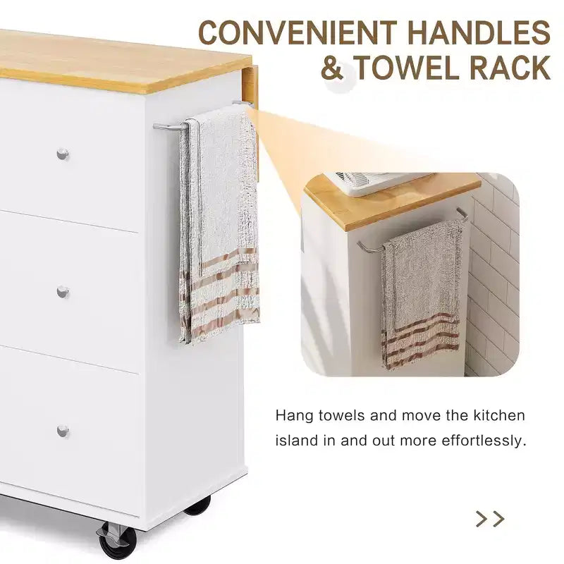 39,8 W Chariot d'îlot de cuisine roulant, Armoire utilitaire mobile avec 3 tiroirs, 2 portes, porte-serviettes pour salle à manger