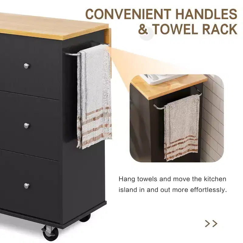 39,8 W Chariot d'îlot de cuisine roulant, Armoire utilitaire mobile avec 3 tiroirs, 2 portes, porte-serviettes pour salle à manger