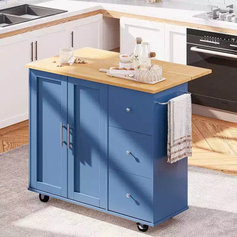 39,8 W Chariot d'îlot de cuisine roulant, Armoire utilitaire mobile avec 3 tiroirs, 2 portes, porte-serviettes pour salle à manger