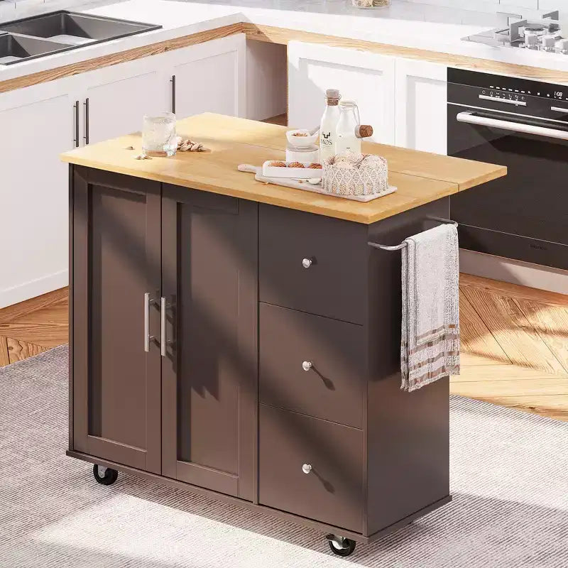 39,8 W Chariot d'îlot de cuisine roulant, Armoire utilitaire mobile avec 3 tiroirs, 2 portes, porte-serviettes pour salle à manger