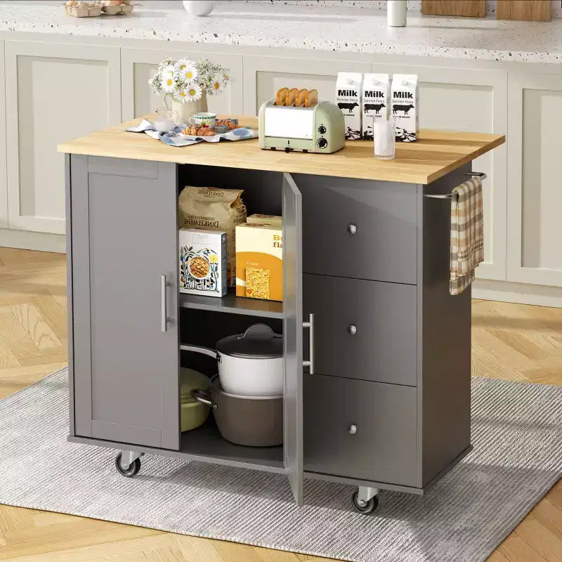 39,8 W Chariot d'îlot de cuisine roulant, Armoire utilitaire mobile avec 3 tiroirs, 2 portes, porte-serviettes pour salle à manger