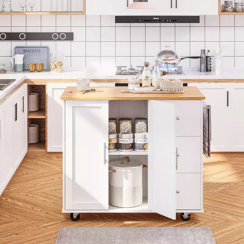 39,8 W Chariot d'îlot de cuisine roulant, Armoire utilitaire mobile avec 3 tiroirs, 2 portes, porte-serviettes pour salle à manger