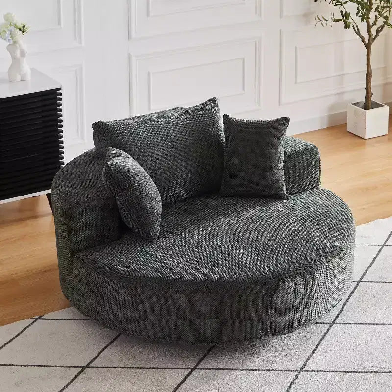Fauteuil pivotant simple en mousse et chenille noire de 55 pouces pour salon, chambre, salle de détente et salle de projection