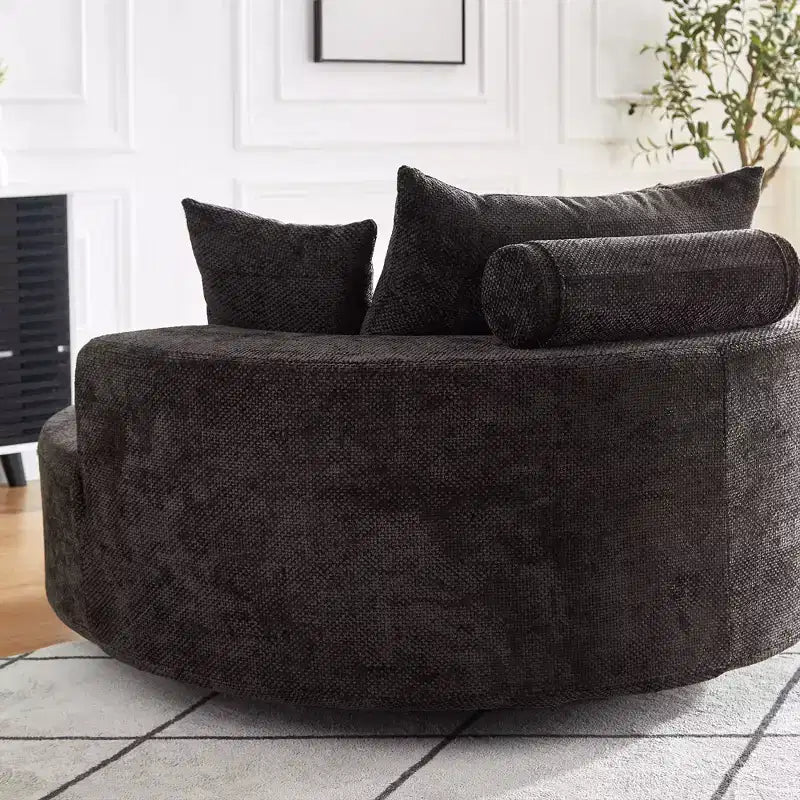 Fauteuil pivotant simple en mousse et chenille noire de 55 pouces pour salon, chambre, salle de détente et salle de projection