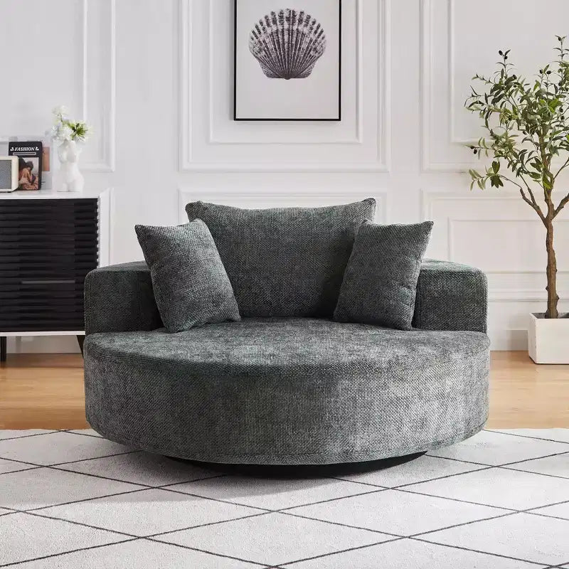 Fauteuil pivotant simple en mousse et chenille noire de 55 pouces pour salon, chambre, salle de détente et salle de projection