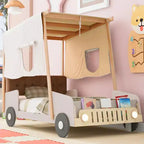 Twin/Full Wood Car Bed with Car Light Shape LED, Pillow and Ceiling Cloth, Low Floor Car-Shaped Platform Bed for Kids Boys Girls Bedroom