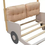 Lit de voiture en bois jumeau/double avec LED en forme de lumière de voiture, oreiller et tissu de plafond, lit plateforme bas en forme de voiture pour chambre d'enfants garçons filles