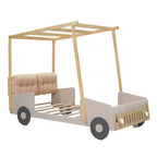 Lit de voiture en bois jumeau/double avec LED en forme de lumière de voiture, oreiller et tissu de plafond, lit plateforme bas en forme de voiture pour chambre d'enfants garçons filles