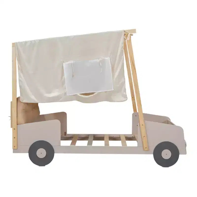 Lit de voiture en bois jumeau/double avec LED en forme de lumière de voiture, oreiller et tissu de plafond, lit plateforme bas en forme de voiture pour chambre d'enfants garçons filles
