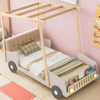 Lit de voiture en bois jumeau/double avec LED en forme de lumière de voiture, oreiller et tissu de plafond, lit plateforme bas en forme de voiture pour chambre d'enfants garçons filles