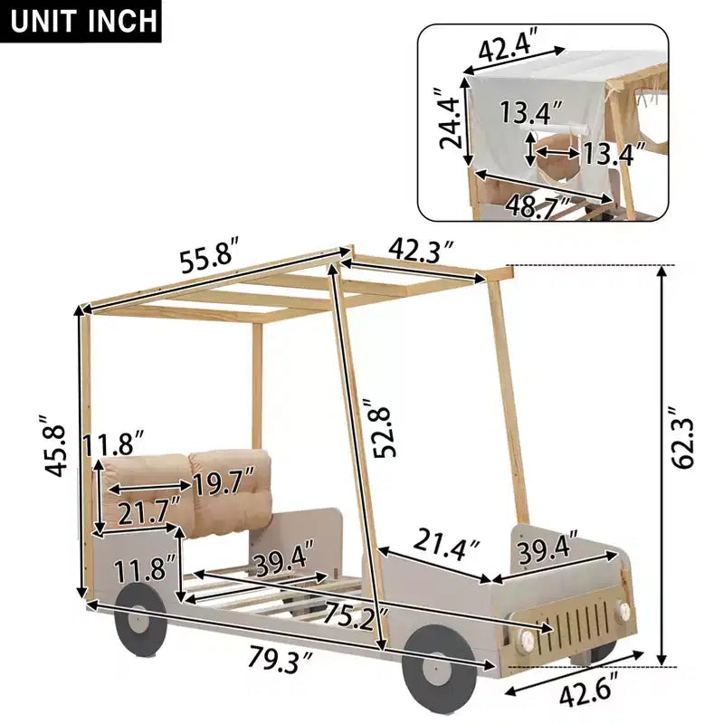 Lit de voiture en bois jumeau/double avec LED en forme de lumière de voiture, oreiller et tissu de plafond, lit plateforme bas en forme de voiture pour chambre d'enfants garçons filles