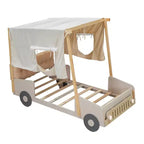 Lit de voiture en bois jumeau/double avec LED en forme de lumière de voiture, oreiller et tissu de plafond, lit plateforme bas en forme de voiture pour chambre d'enfants garçons filles