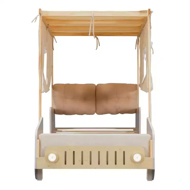 Lit de voiture en bois jumeau/double avec LED en forme de lumière de voiture, oreiller et tissu de plafond, lit plateforme bas en forme de voiture pour chambre d'enfants garçons filles