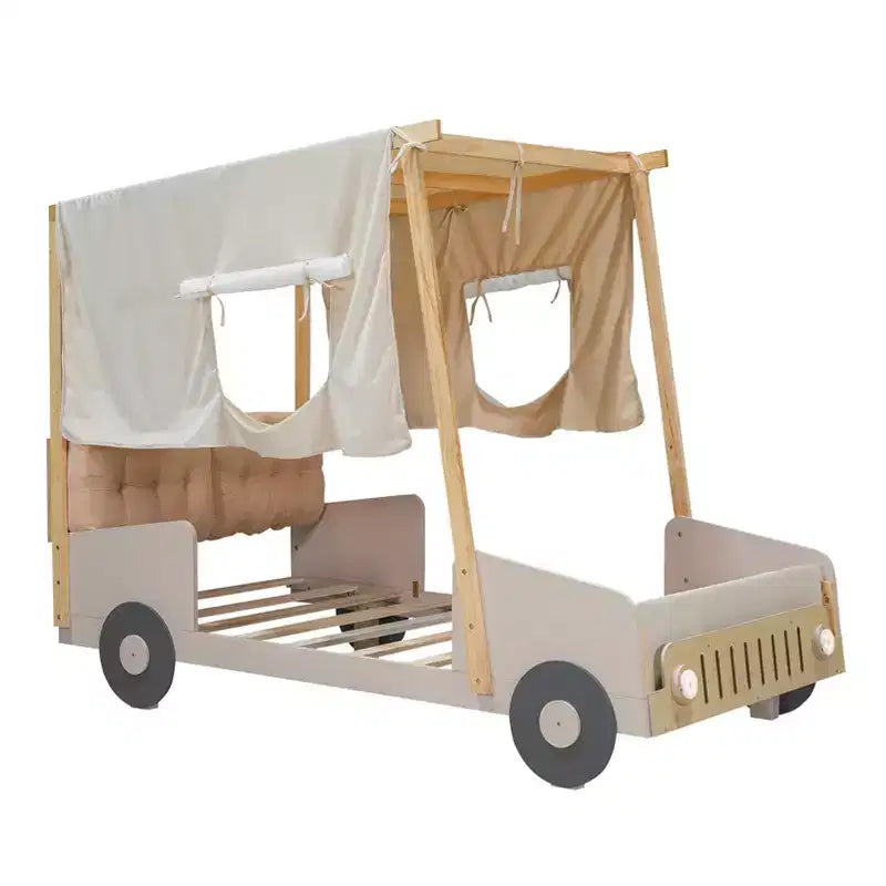 Lit de voiture en bois jumeau/double avec LED en forme de lumière de voiture, oreiller et tissu de plafond, lit plateforme bas en forme de voiture pour chambre d'enfants garçons filles