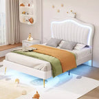 Full/Twin LED Bed Frame with Crown Headboard, Upholstered PU Platform Princess Beds with Light for Kids Girls