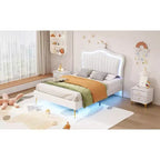 Cadre de lit LED double/jumeau avec tête de lit couronne, lits de princesse rembourrés en PU avec lumière pour enfants filles