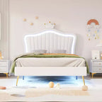 Cadre de lit LED double/jumeau avec tête de lit couronne, lits de princesse rembourrés en PU avec lumière pour enfants filles