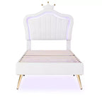 Cadre de lit LED double/jumeau avec tête de lit couronne, lits de princesse rembourrés en PU avec lumière pour enfants filles