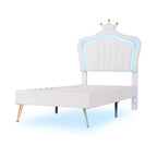Cadre de lit LED double/jumeau avec tête de lit couronne, lits de princesse rembourrés en PU avec lumière pour enfants filles