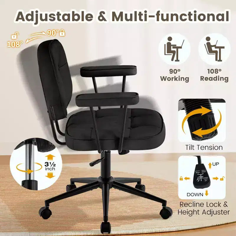 Chaise de bureau à domicile avec accoudoirs rembourrés, chaise de bureau exécutive compacte à roulettes et pivotante, hauteur réglable, dossier mi-hauteur