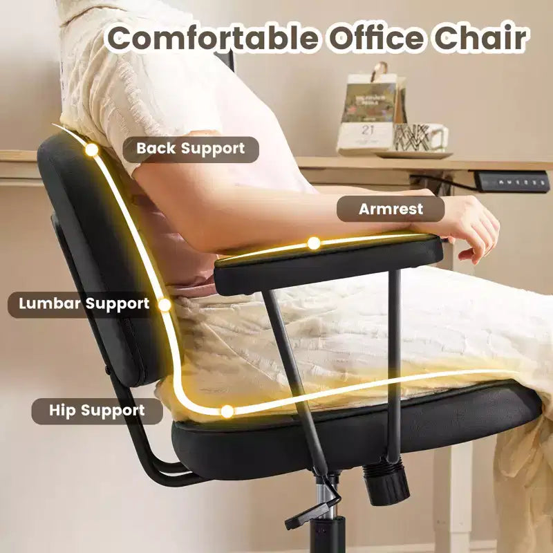 Chaise de bureau à domicile avec accoudoirs rembourrés, chaise de bureau exécutive compacte à roulettes et pivotante, hauteur réglable, dossier mi-hauteur