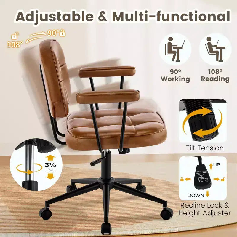 Chaise de bureau à domicile avec accoudoirs rembourrés, chaise de bureau exécutive compacte à roulettes et pivotante, hauteur réglable, dossier mi-hauteur