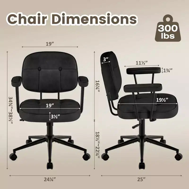 Chaise de bureau à domicile avec accoudoirs rembourrés, chaise de bureau exécutive compacte à roulettes et pivotante, hauteur réglable, dossier mi-hauteur
