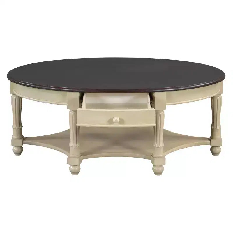 Table basse ovale vintage avec tiroir de rangement et étagère, table basse centrale en bois antique pour salon