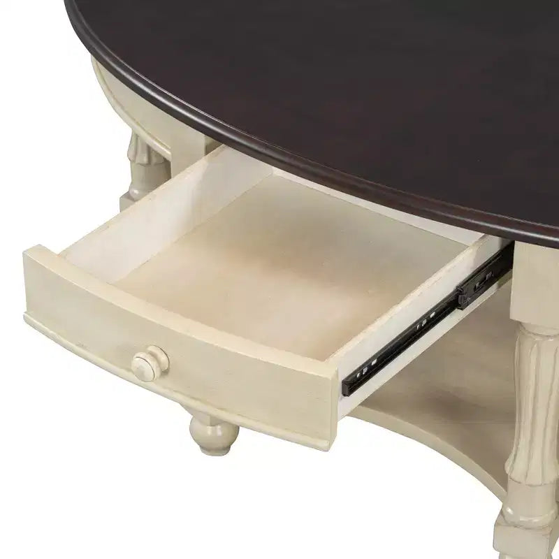 Table basse ovale vintage avec tiroir de rangement et étagère, table basse centrale en bois antique pour salon