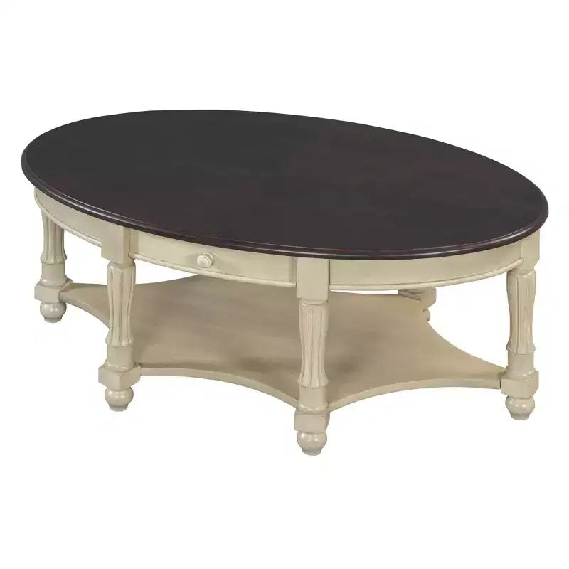 Table basse ovale vintage avec tiroir de rangement et étagère, table basse centrale en bois antique pour salon