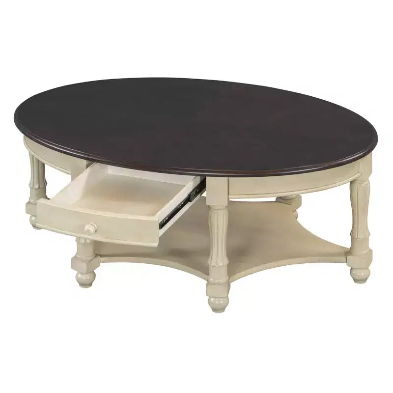 Table basse ovale vintage avec tiroir de rangement et étagère, table basse centrale en bois antique pour salon