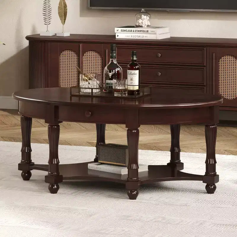 Table basse ovale vintage avec tiroir de rangement et étagère, table basse centrale en bois antique pour salon