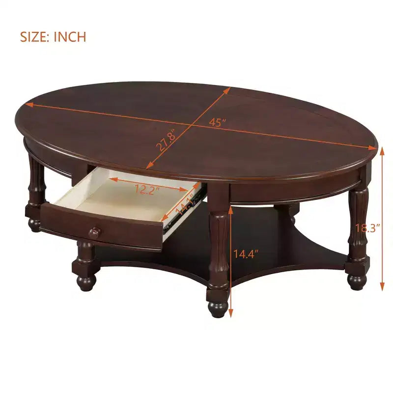 Table basse ovale vintage avec tiroir de rangement et étagère, table basse centrale en bois antique pour salon