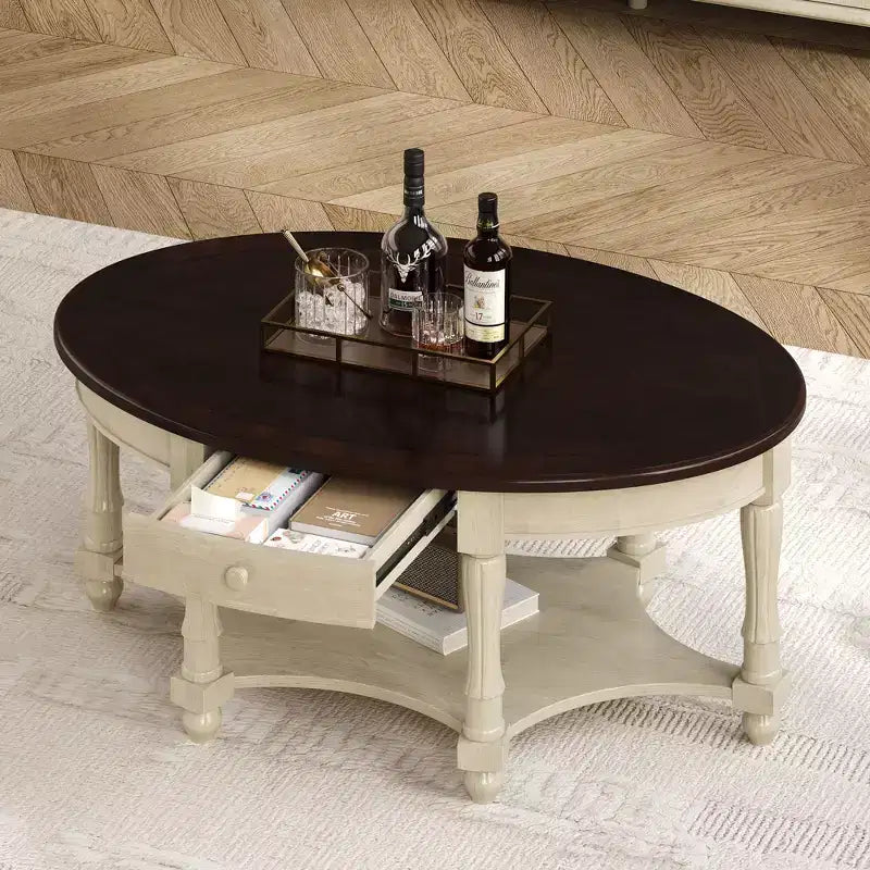 Table basse ovale vintage avec tiroir de rangement et étagère, table basse centrale en bois antique pour salon