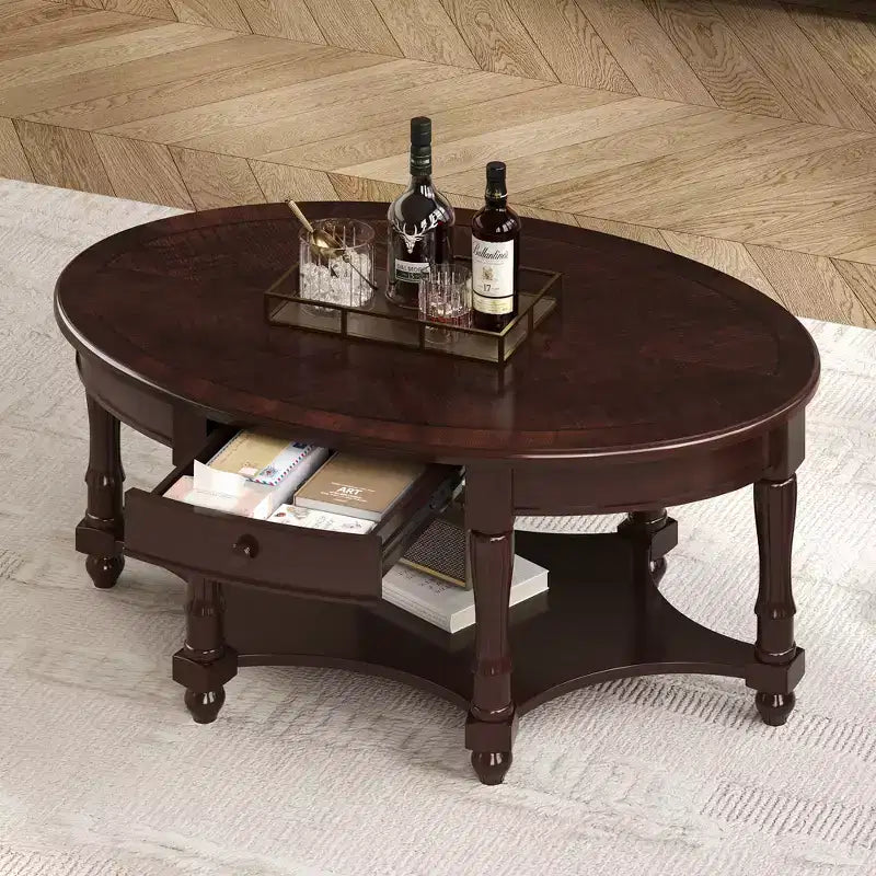 Table basse ovale vintage avec tiroir de rangement et étagère, table basse centrale en bois antique pour salon