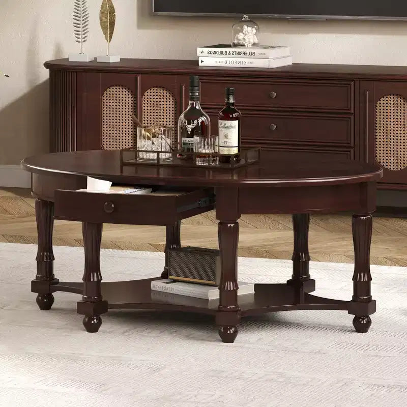 Table basse ovale vintage avec tiroir de rangement et étagère, table basse centrale en bois antique pour salon